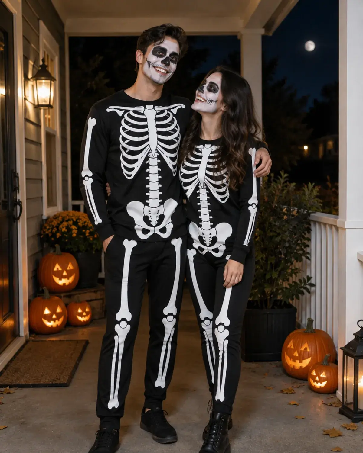 Adult couple in matching skeleton couple costumes