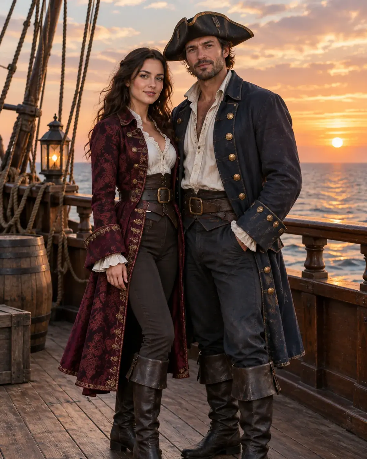Adult couple in an original matching pirate couple costume