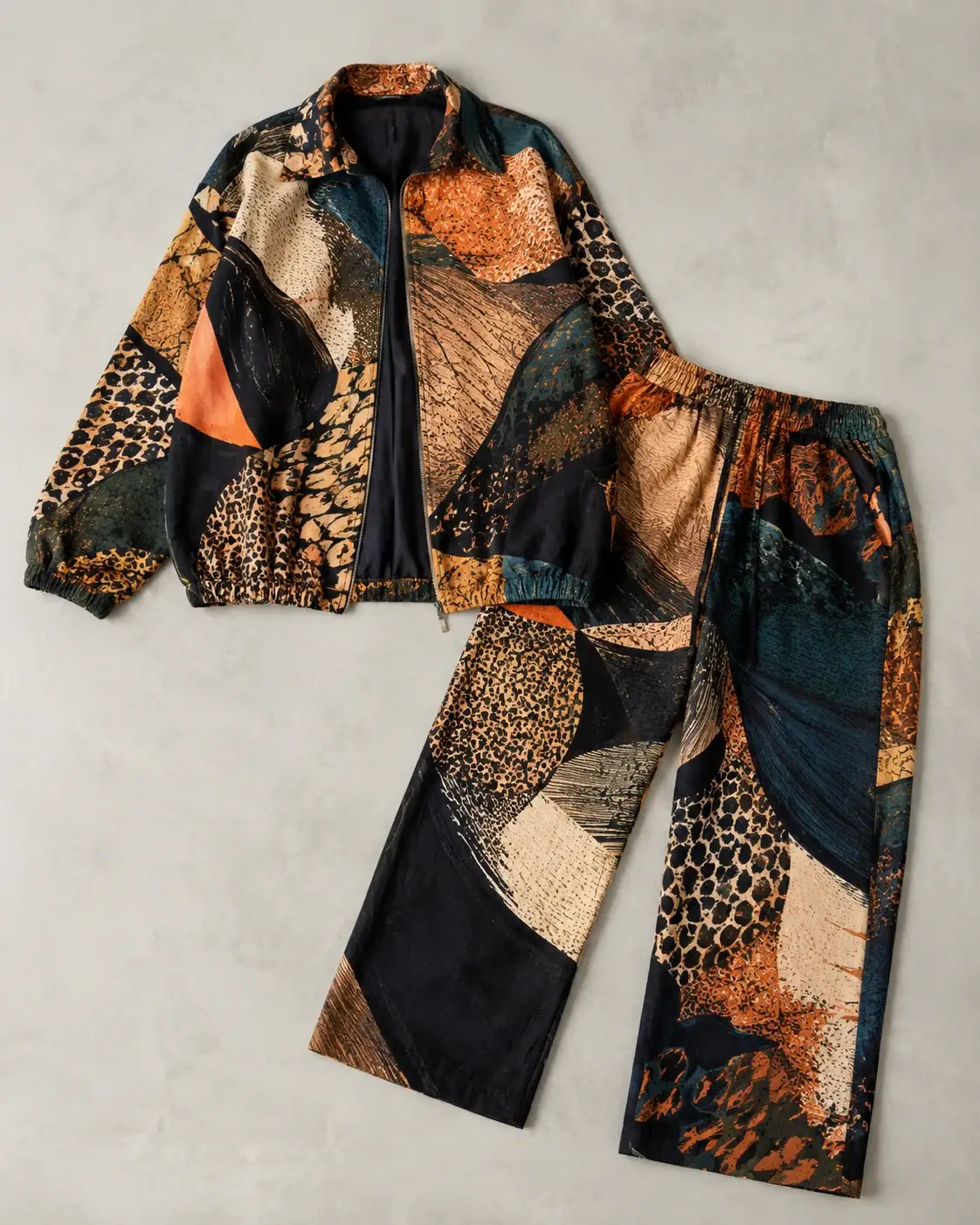 A bold patterned oversized jacket and printed trousers displayed flat on a clean neutral surface