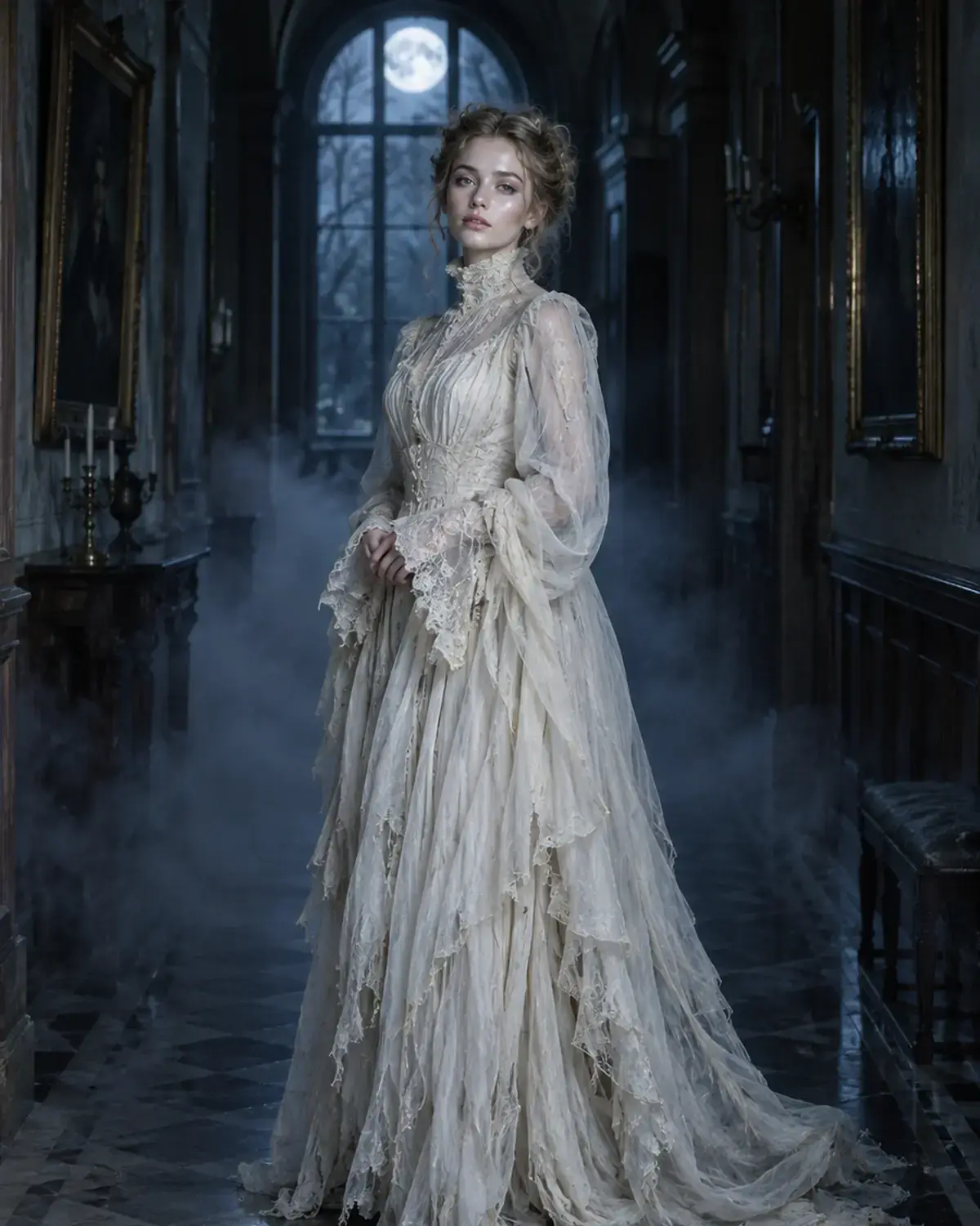 Adult woman in an original Victorian ghost gown in a misty manor