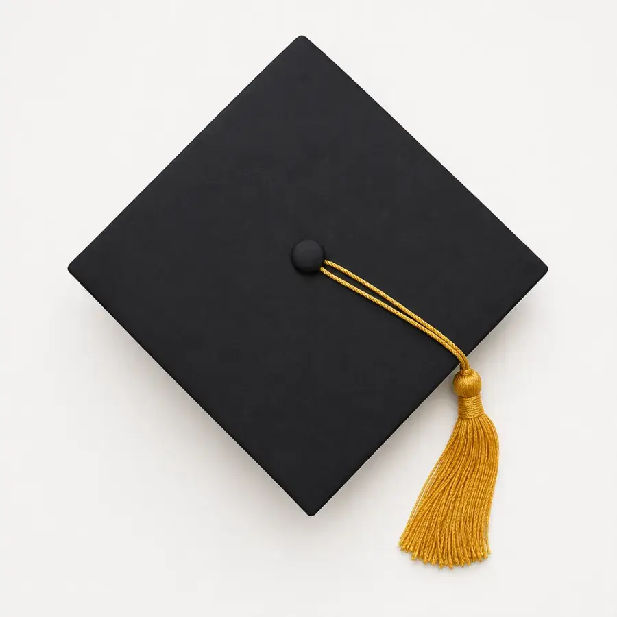 A black graduation cap with a gold tassel, product photo