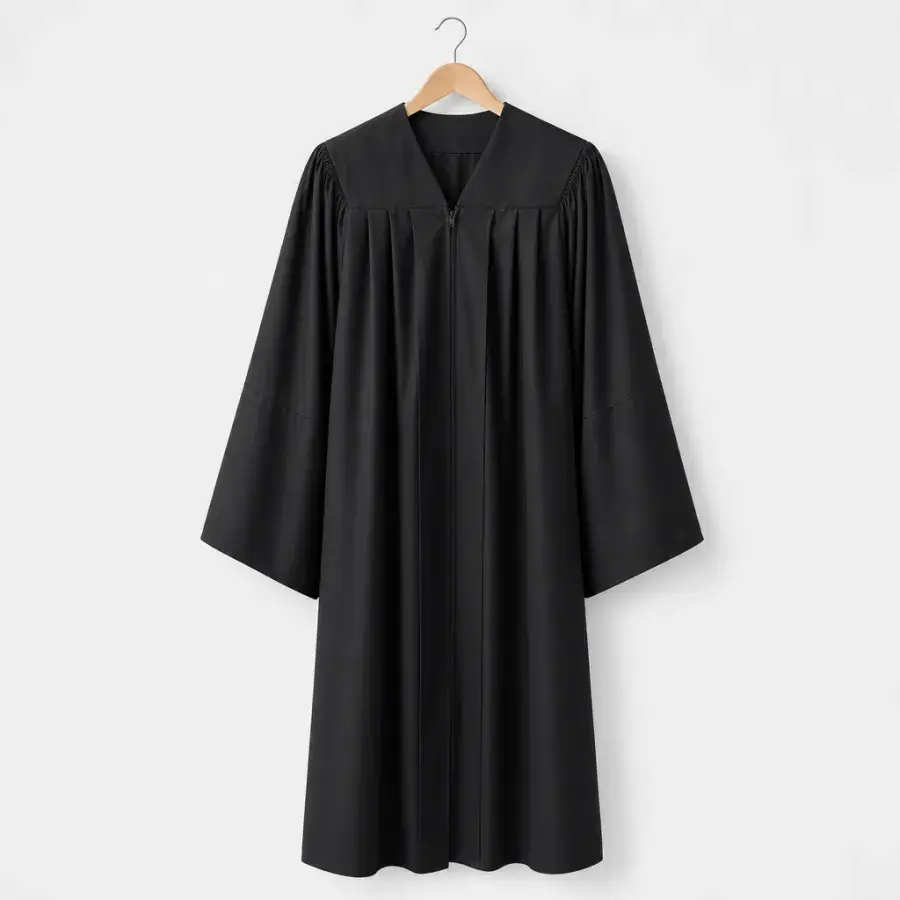 Black bachelor graduation gown on a hanger, product photo