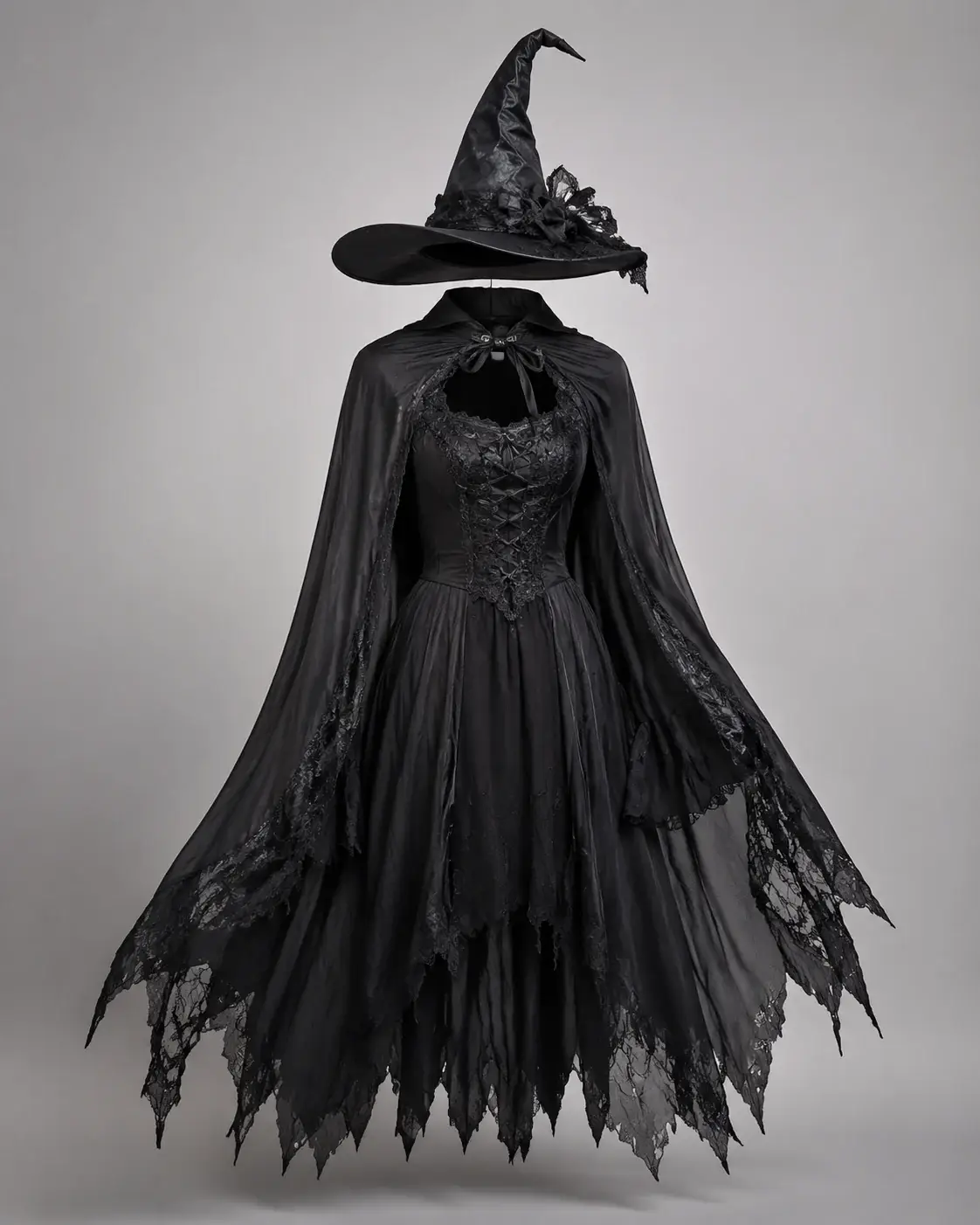 Studio product shot of a black witch costume with a pointed hat and tattered cape on a plain neutral background, soft even lighting, crisp fabric detail, no person