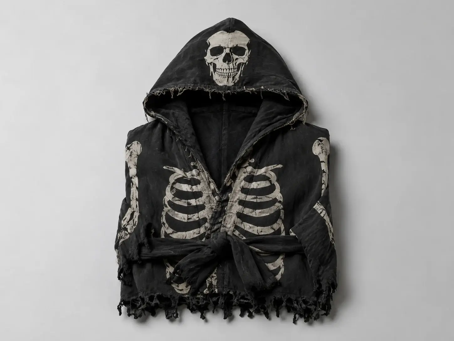 Folded hooded skeleton-print Halloween robe with a frayed hem laid flat on a plain light gray background, no person, no logos or text