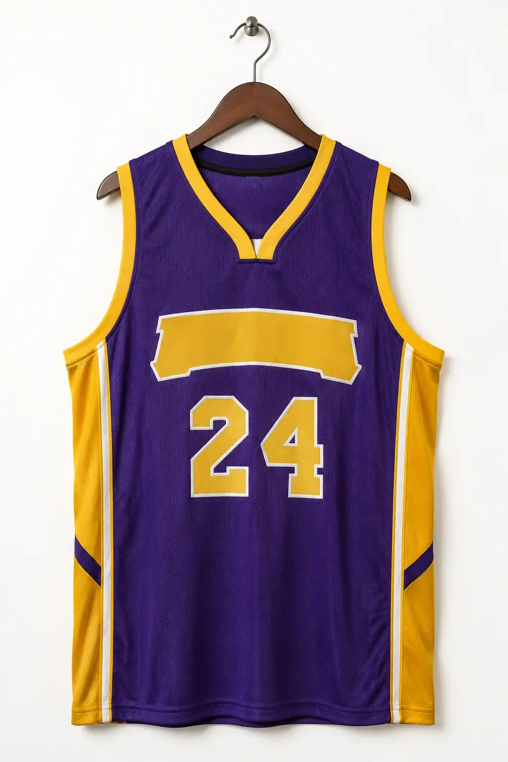 Purple-and-gold sleeveless basketball jersey with a chest wordmark and front number, hung on a hanger against a plain white background