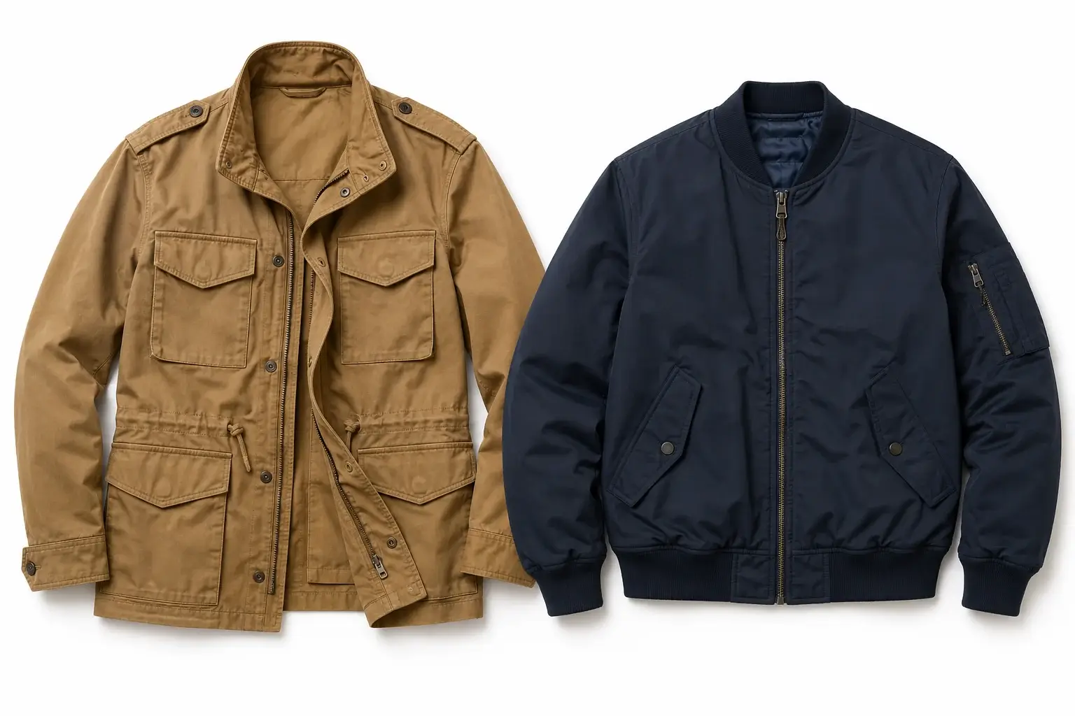 Product shot of a tan field jacket and a navy bomber laid flat side by side on a plain white background, soft even studio light
