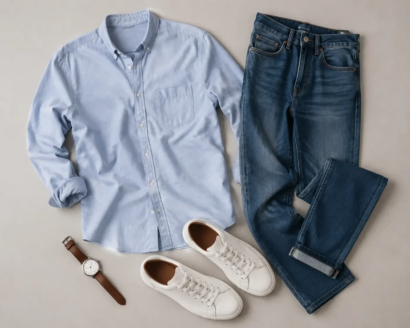 A flat product arrangement of a light blue button-up shirt, slim mid-blue jeans, white leather sneakers and a brown leather watch on a plain neutral background