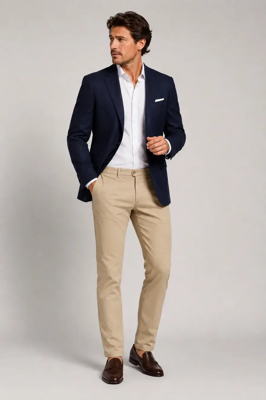 A man in his thirties wearing beige chinos, a white button-down, and a navy blazer with brown loafers, plain neutral studio background, clean lighting, full body
