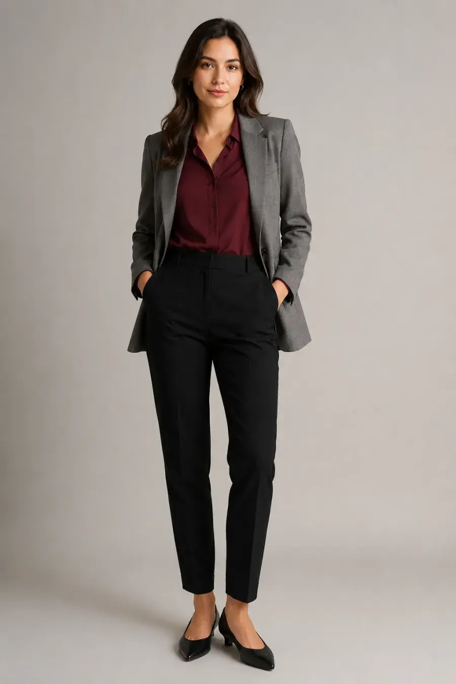 A woman in her late twenties wearing a burgundy blouse tucked into tailored black trousers with a grey blazer and black pointed flats, plain neutral studio background, full body