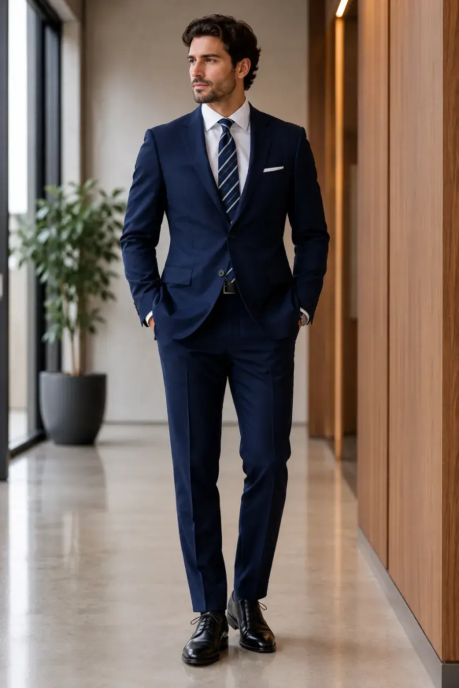 A man in his early 30s wearing a navy wool two-piece suit, crisp white dress shirt, navy-and-silver striped tie, and polished black oxford shoes, standing in an office corridor, full body, entire figure from head to feet in frame, centered with headroom