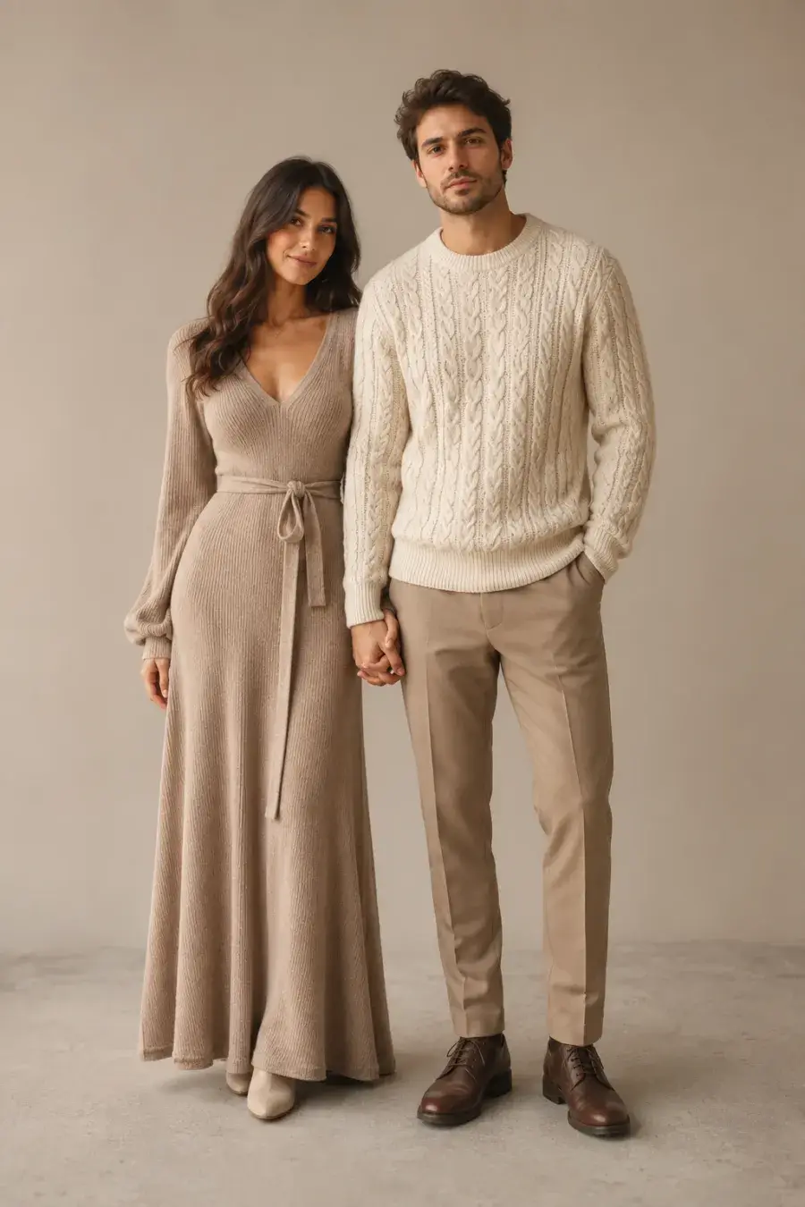 A young couple in their mid-twenties in coordinated cream and taupe outfits, the woman in a flowing taupe knit maxi dress and the man in a cream cable-knit sweater with tan trousers, holding hands, full body, entire figure from head to feet in frame, centered with headroom