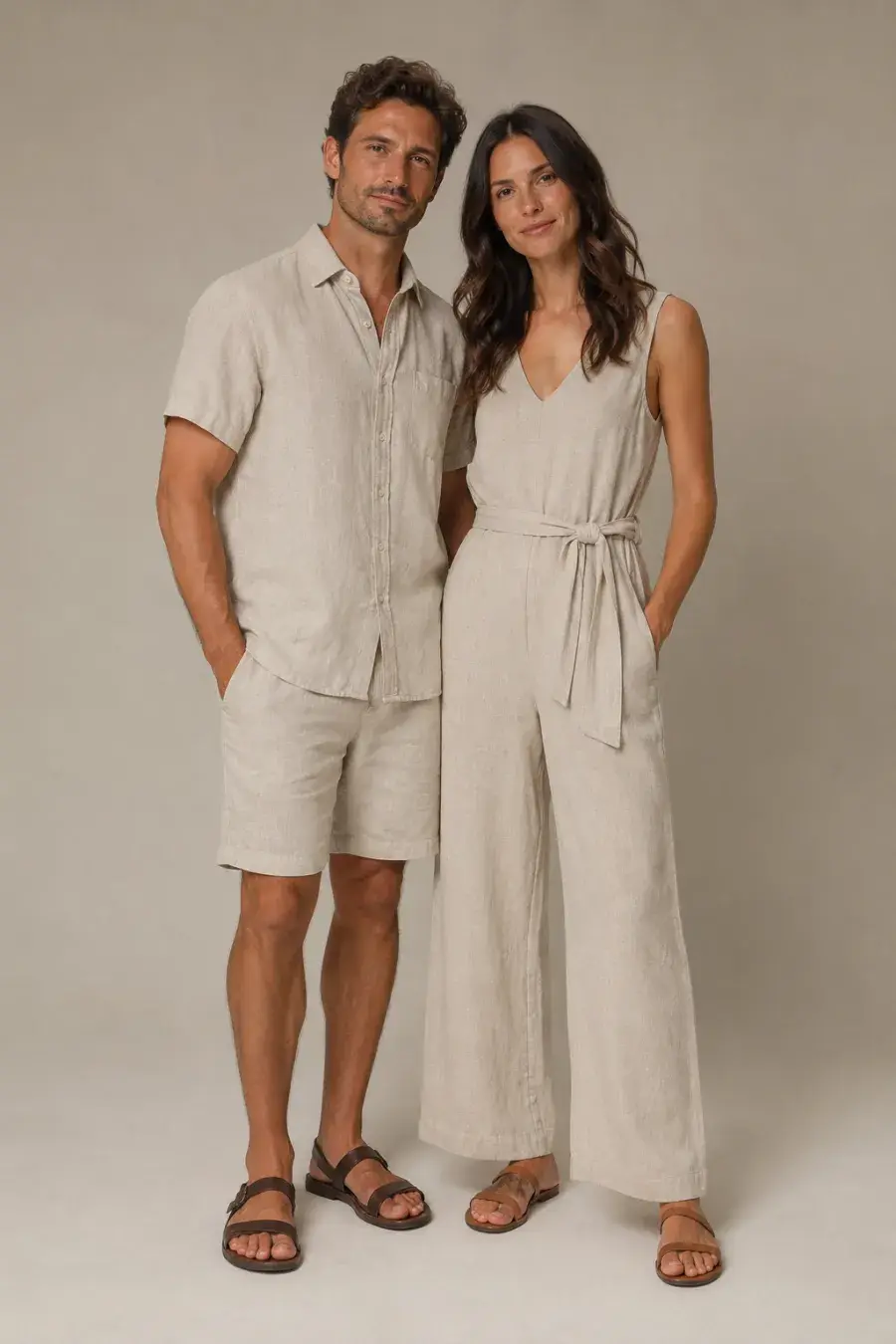 A couple in their thirties wearing sand-colored linen, the man in a short-sleeve linen shirt and shorts, the woman in a relaxed wide-leg linen jumpsuit, both in flat sandals, standing together, full body, entire figure from head to feet in frame, centered with headroom