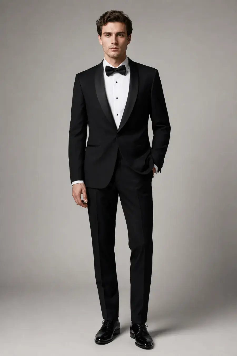 Full-body shot of a classic black tuxedo with satin lapels and black bow tie displayed on a plain neutral background, soft studio lighting