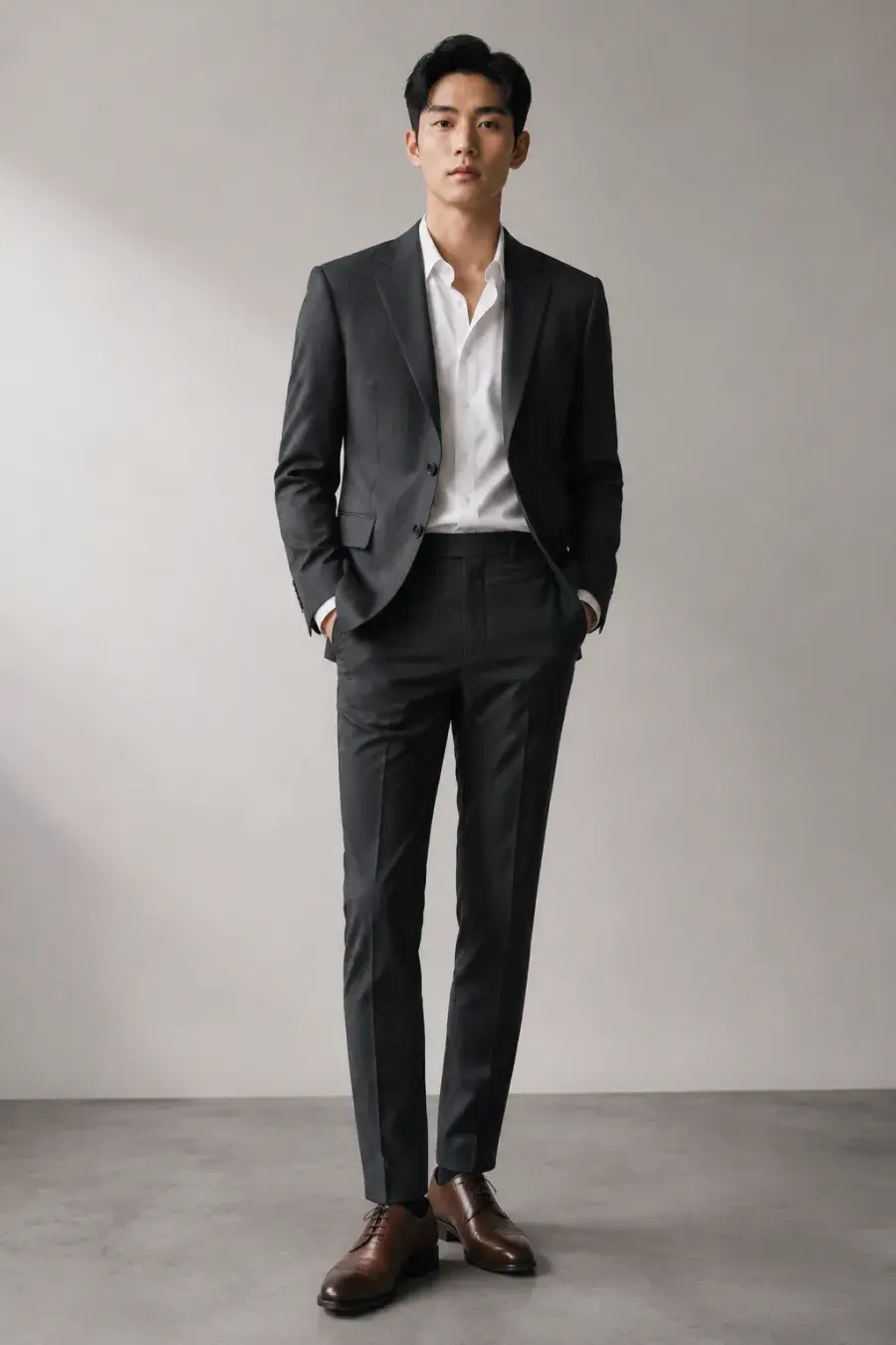 An adult man with short black hair wearing a charcoal two-piece suit with an open-collar white shirt and brown dress shoes, standing in a styling area, full body, entire figure from head to feet in frame, centered with headroom