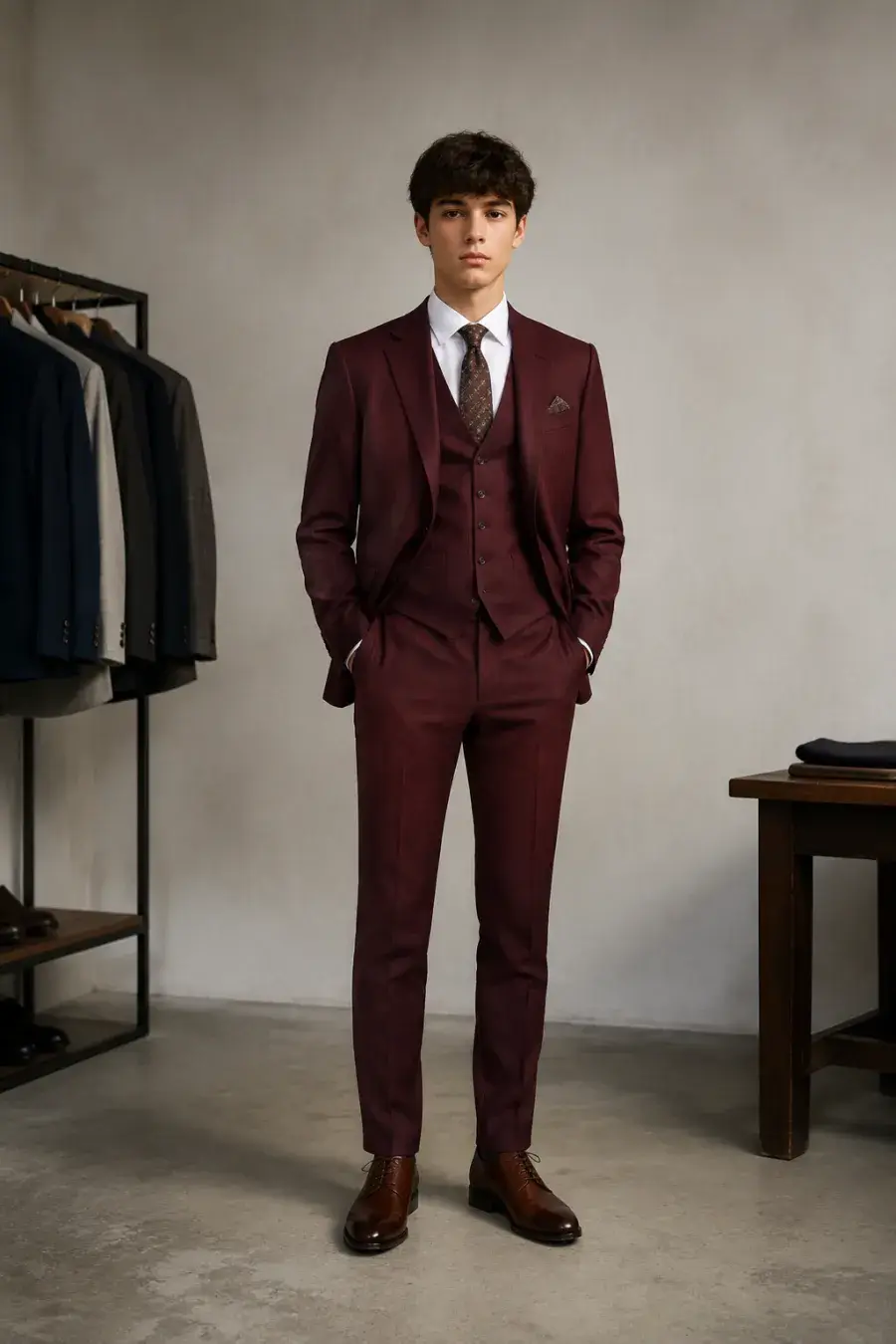 An adult man in a tailored burgundy three-piece suit with a patterned long tie, a waistcoat, and brown leather shoes, standing in a menswear shop, full body, entire figure from head to feet in frame, centered with headroom