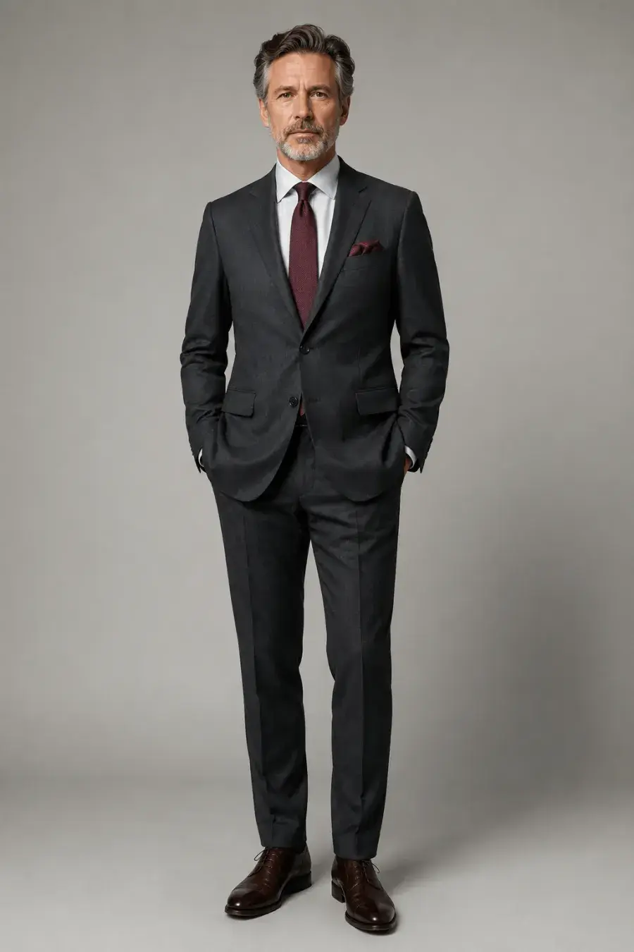 A man in his fifties wearing a charcoal grey suit with a burgundy tie and a folded pocket square, leather oxford shoes, standing upright in even light, full body, entire figure from head to feet in frame, centered with headroom