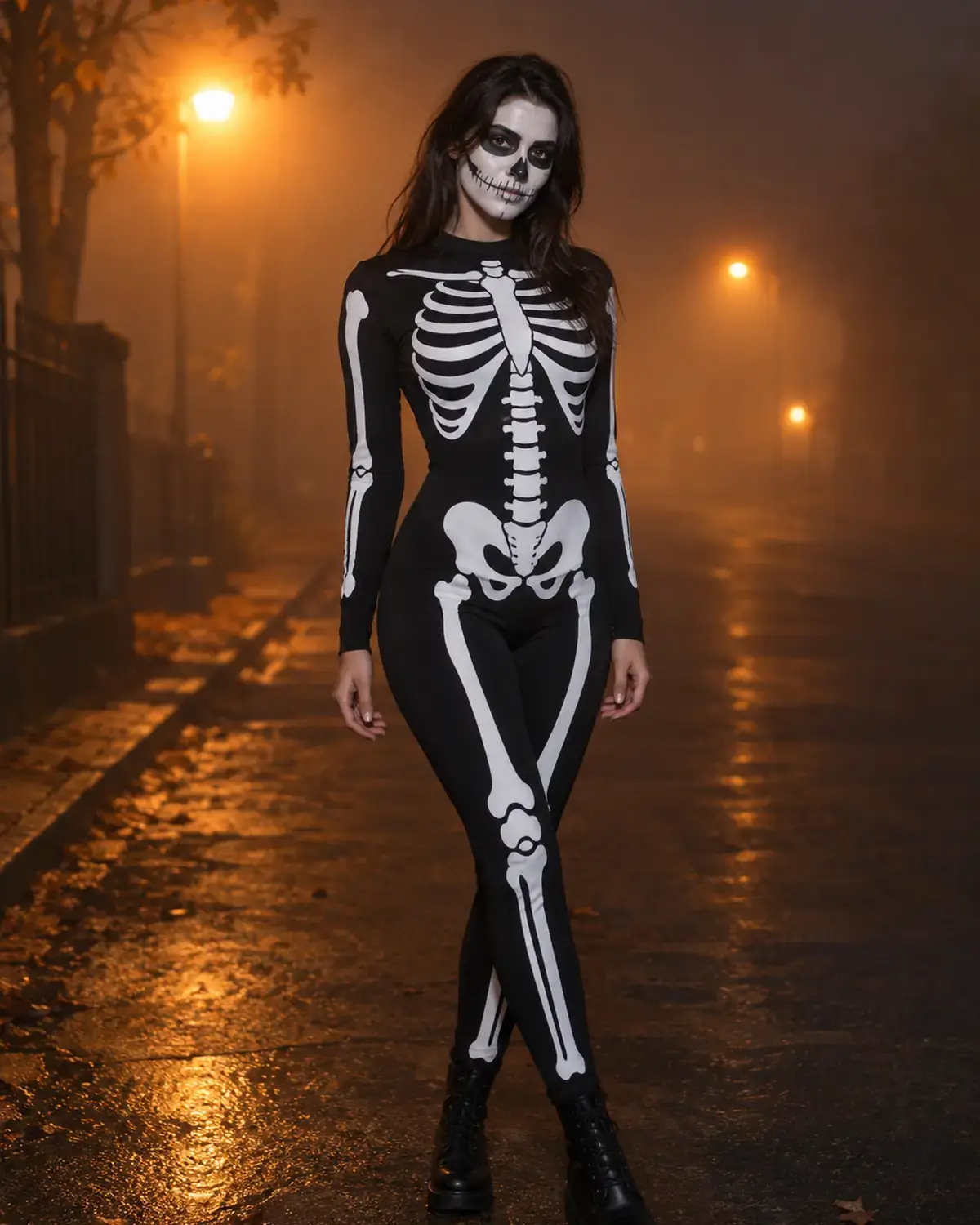 Adult woman in an original skeleton bodysuit with face paint