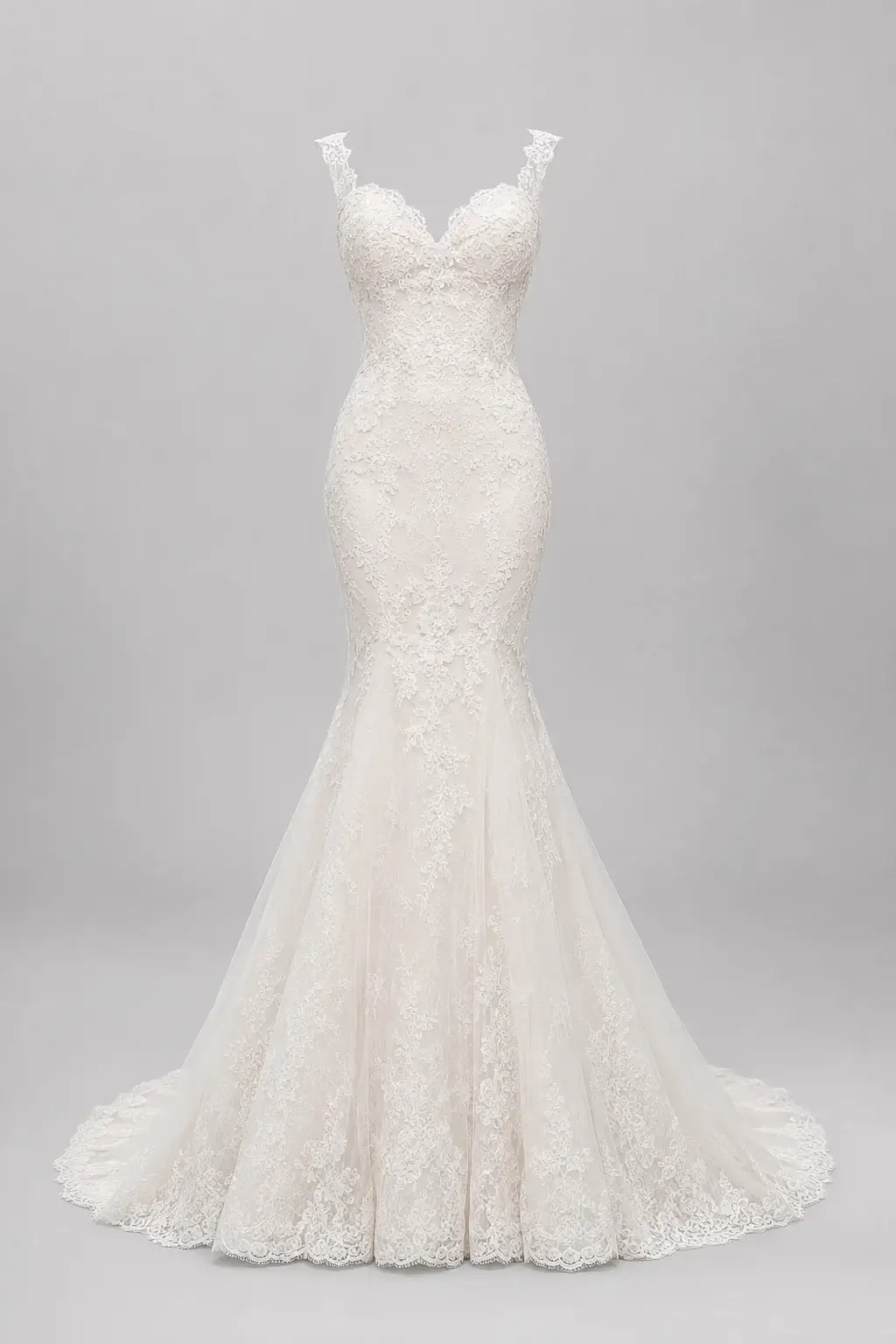 Full-length product photo of a fitted mermaid wedding gown with a flared hem on a plain light-gray background, no person, clean studio lighting