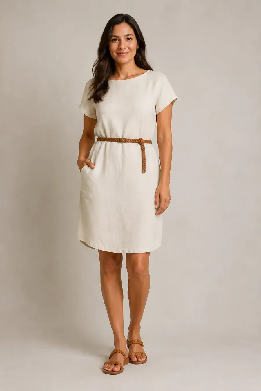An adult woman wearing a soft cream short-sleeve linen shift dress at knee length with tan flat sandals and a thin woven belt, standing straight and smiling gently, full body, entire figure from head to feet in frame, centered with headroom
