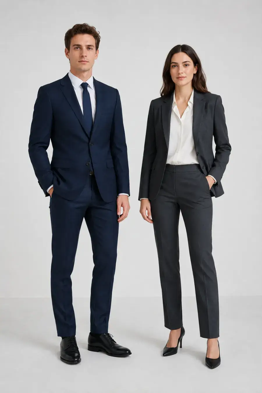 Full-length shot of a corporate interview look — a navy two-piece suit beside a charcoal pantsuit with a white blouse, on a plain studio background, clean lighting, full body
