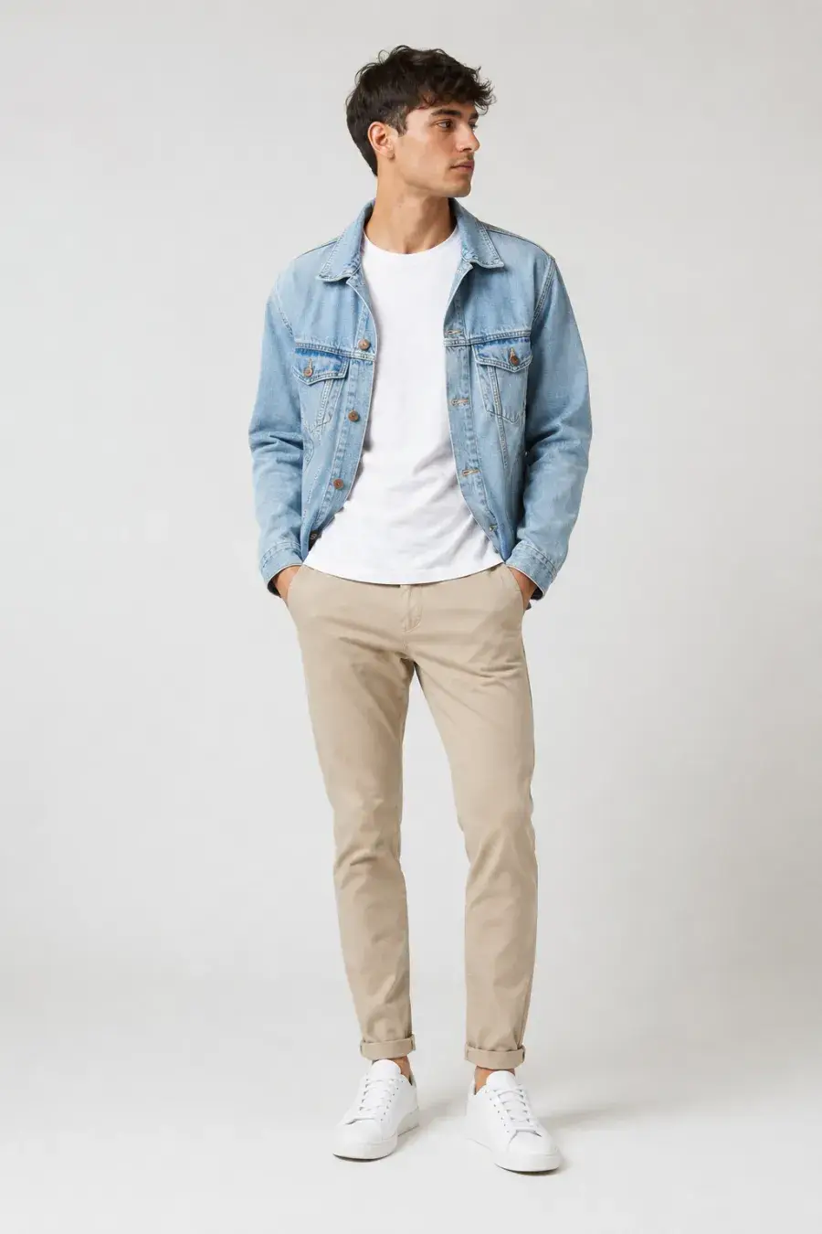 Full body shot of a casual spring outfit on a young man — a white cotton crew tee under an open light-wash denim jacket, slim beige chinos, and white sneakers, on a plain light studio background, soft even lighting, full body, entire figure from head to feet in frame, centered with headroom