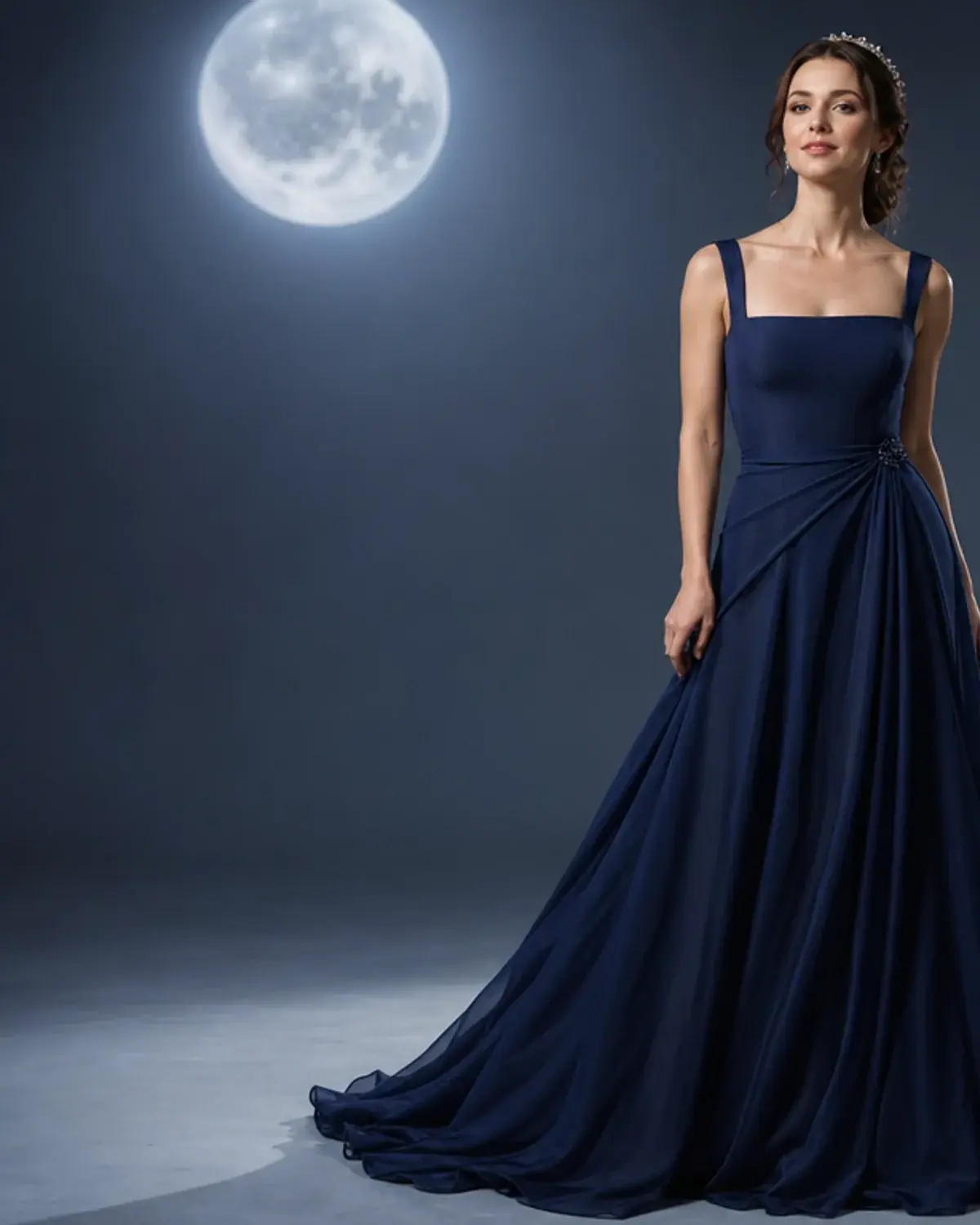 Adult wearing an original sapphire court gown
