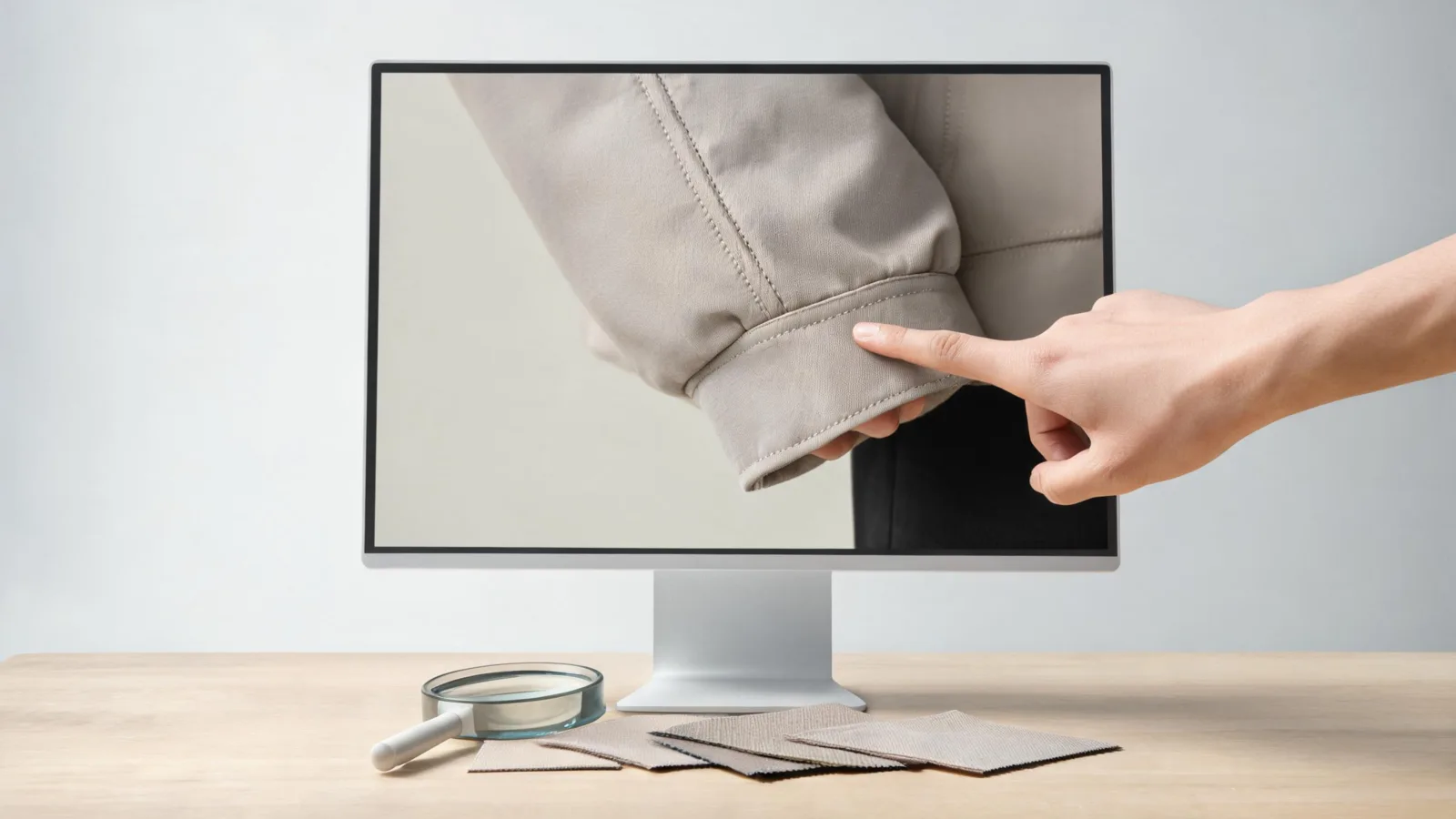 Close review of a sleeve cuff and seam on an unbranded outfit image, with a magnifying glass and neutral fabric swatches nearby
