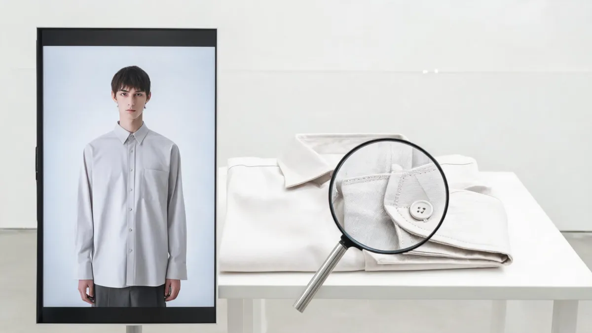 A merchandising review of a fully clothed fashion model image beside the real unbranded garment, with a magnifying glass checking stitching and cuff details
