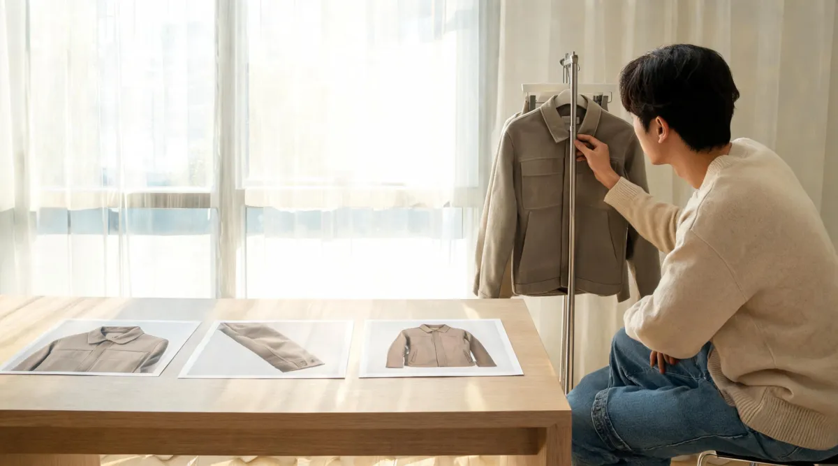 AI try-on clothes three-photo review with a shopper checking garment details against a real jacket reference