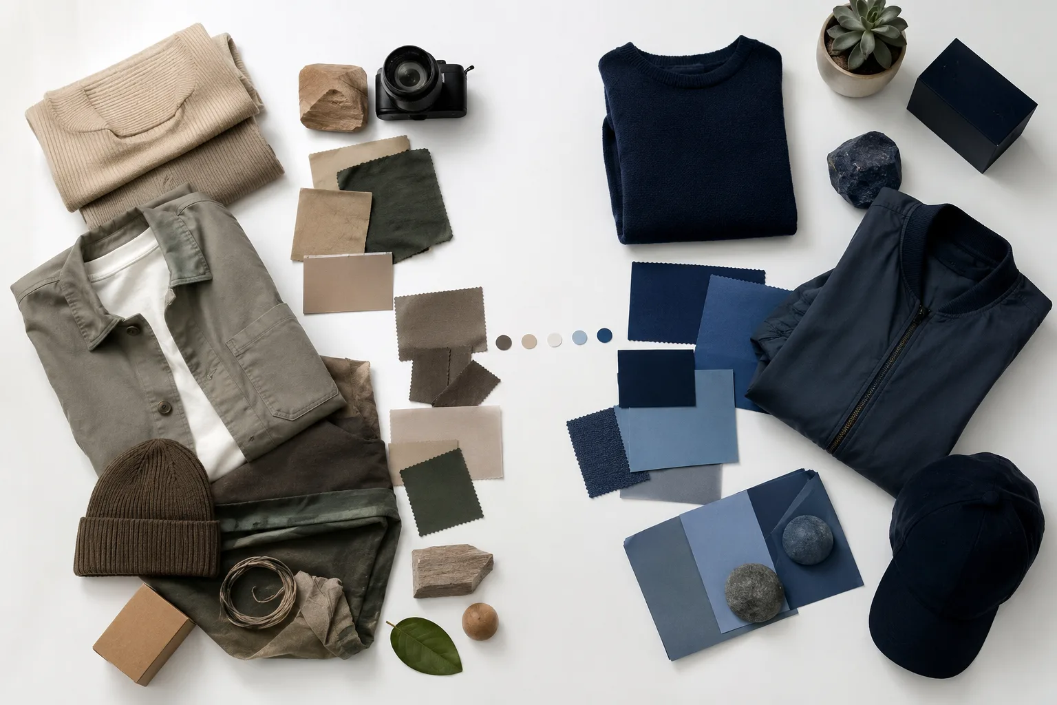 Overhead ecommerce product planning scene with folded clothing, color swatches, camera lens, and clean catalog props