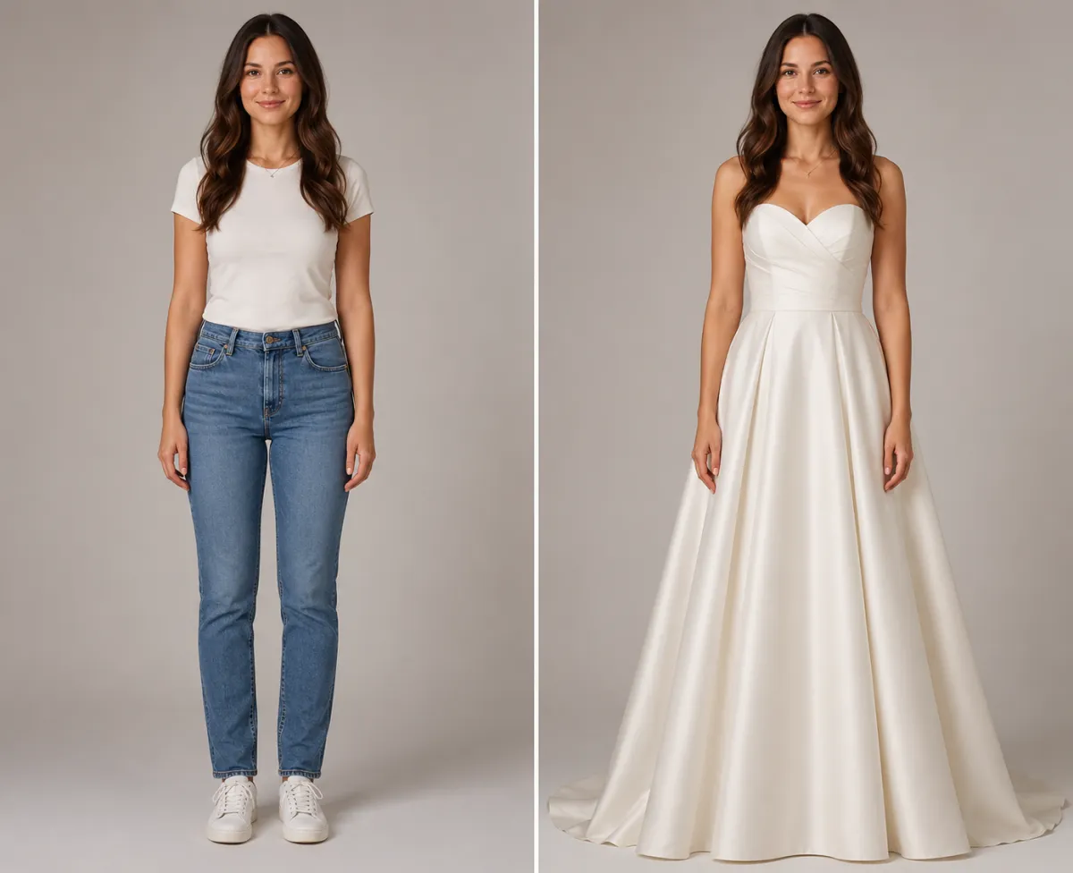 Before and after of a bride-to-be previewing an A-line wedding dress on her own photo with AI wedding dress try-on