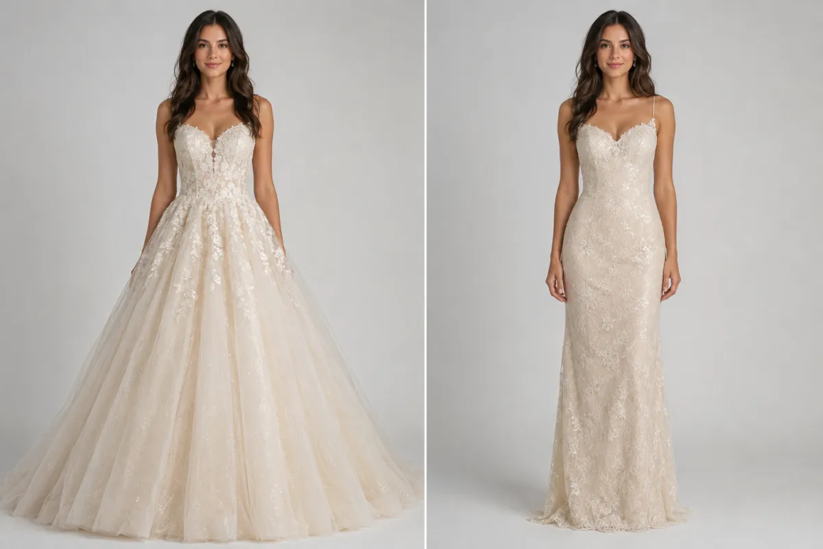 A bride-to-be comparing two wedding dress silhouettes side by side on her own photo with an AI clothes changer