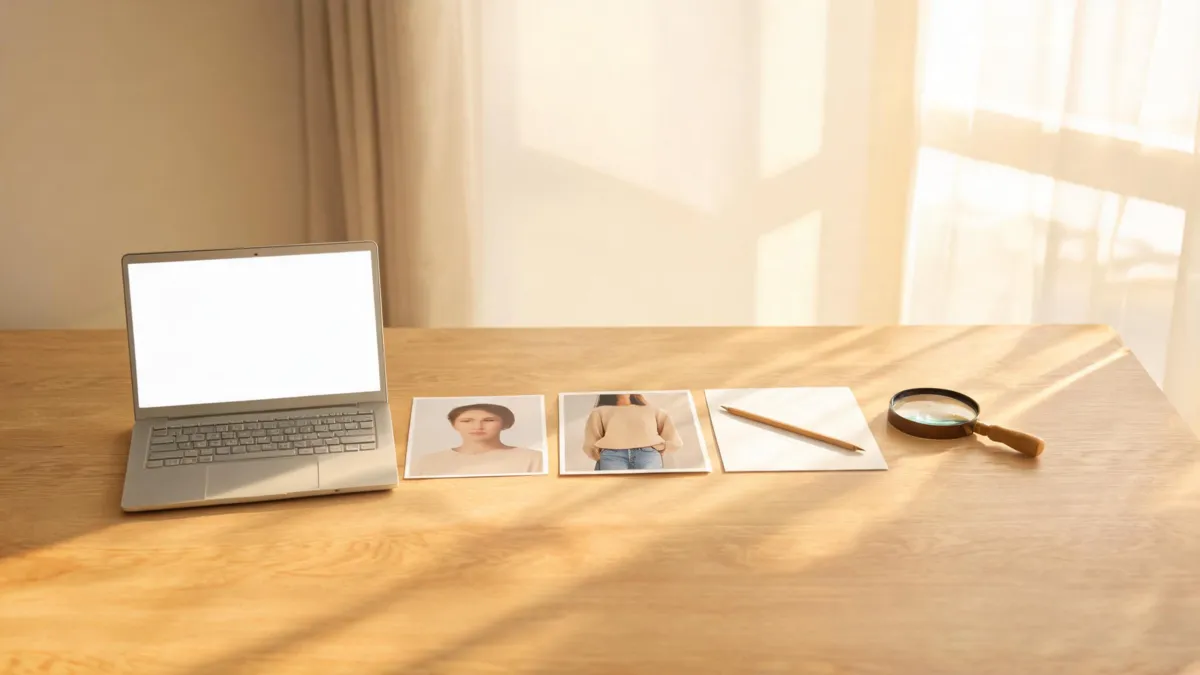 A careful outfit-edit planning desk with a generic portrait reference, clothing reference, magnifier, and blank review note