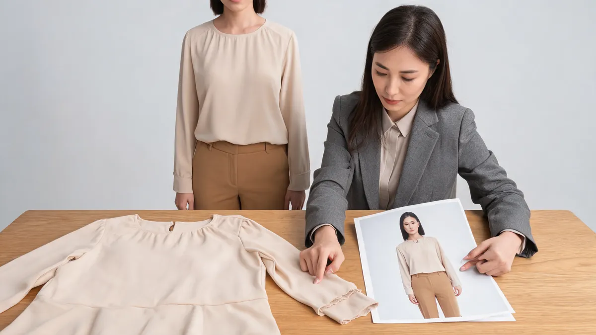 FitRoom AI clothes changer editorial review showing a modestly dressed adult and a garment reference being checked for neckline, sleeve, hand, and shadow continuity