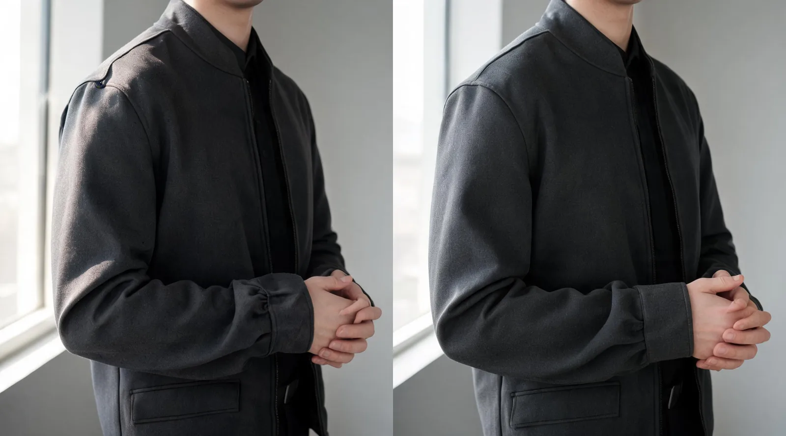 Higgsfield AI clothes changer output review focused on shoulder seams, sleeve cuffs, hand overlap, and consistent lighting