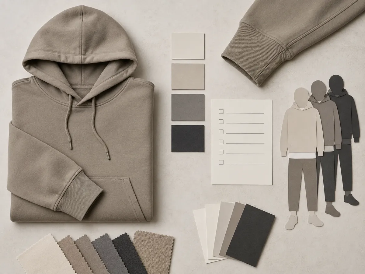 Top-down hoodie try-on checklist with folded hoodie, sleeve detail, neutral color chips, and styling notes