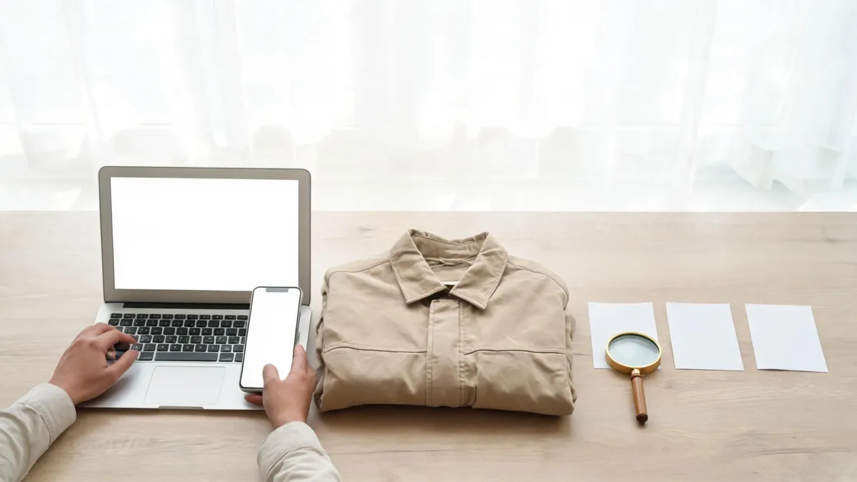 A neutral jacket, laptop, phone, magnifier, and blank review cards arranged for an AI clothes changer output check