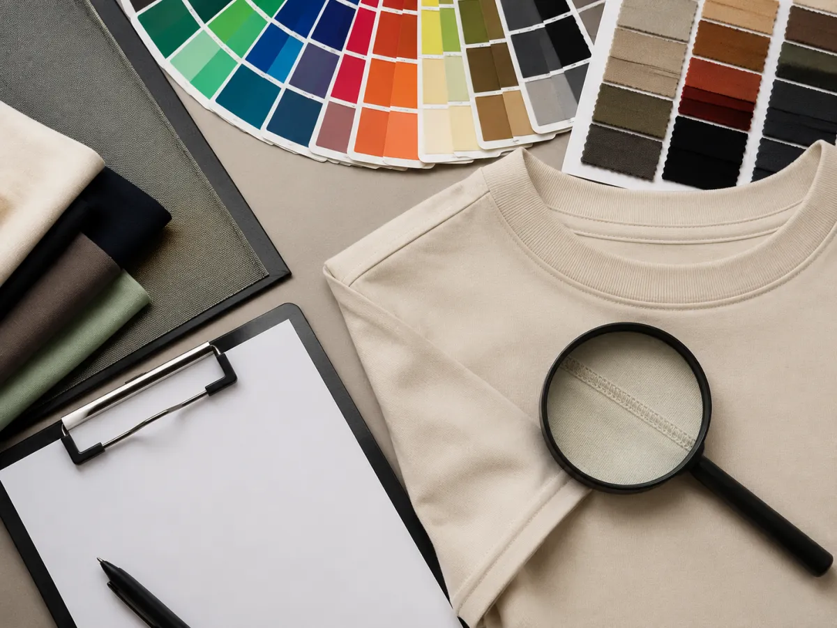 Print production quality assurance desk with color swatches, t-shirt fabric close-up, blank approval sheet, and seam inspection