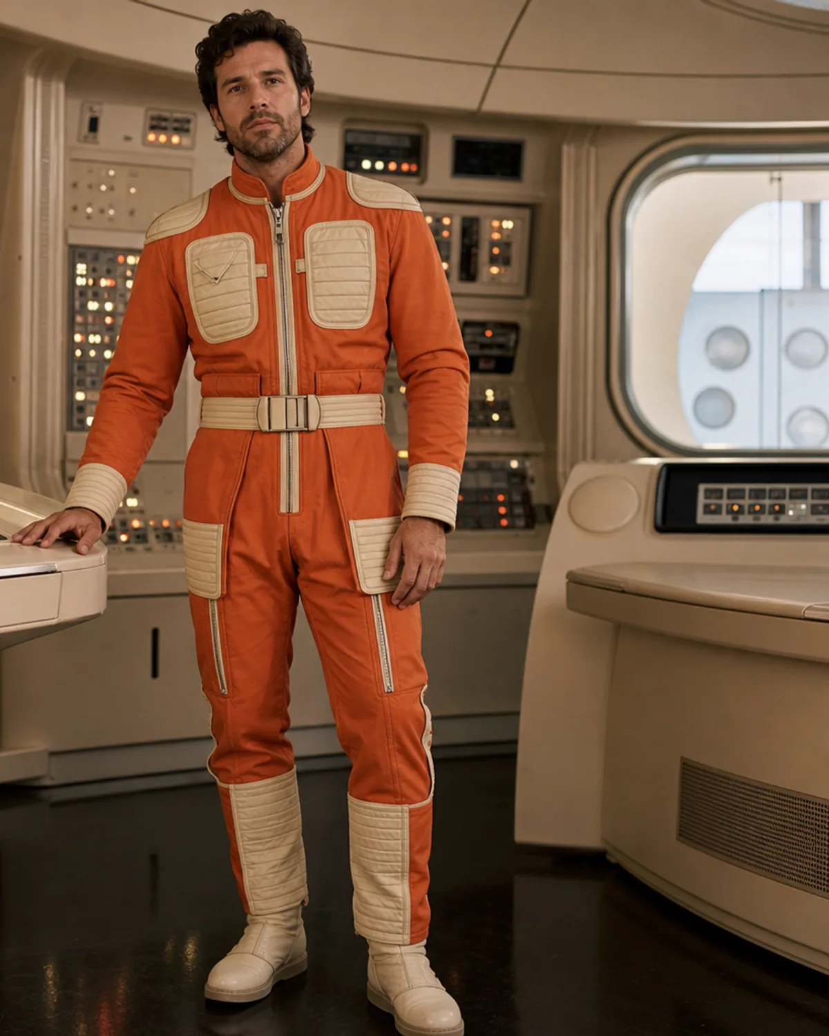 Adult in an original space suit on a fictional lunar-inspired landscape