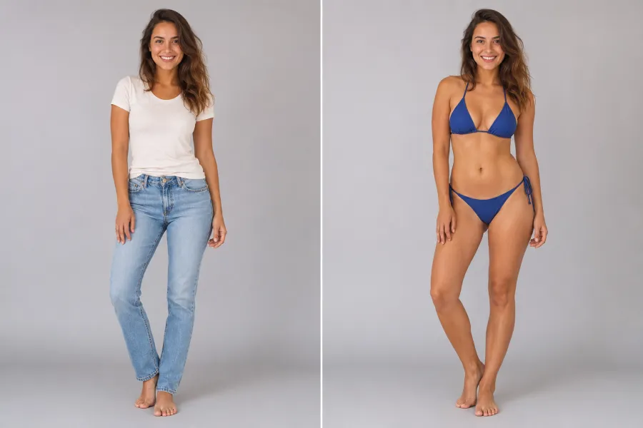 Before and after: left, a woman in a casual everyday outfit; right, the same woman in a two-piece bikini, same pose, plain studio background