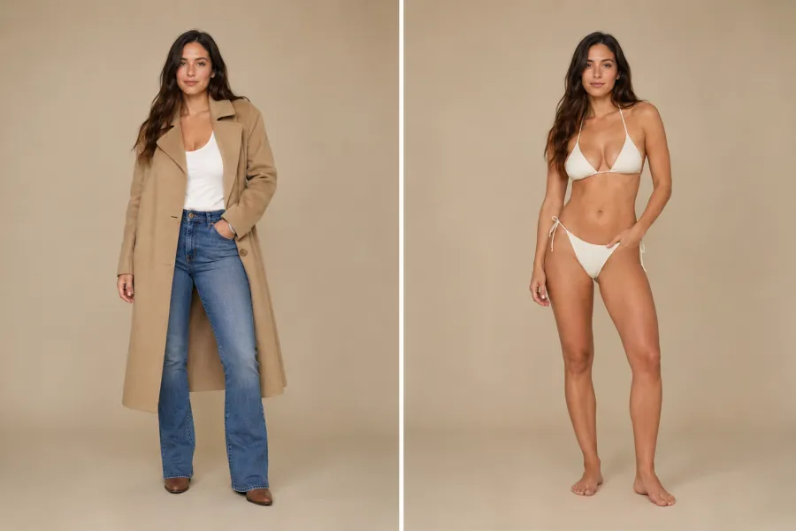 Before and after: left, a person in a coat and jeans; right, the same person in swimwear, same pose, plain studio background
