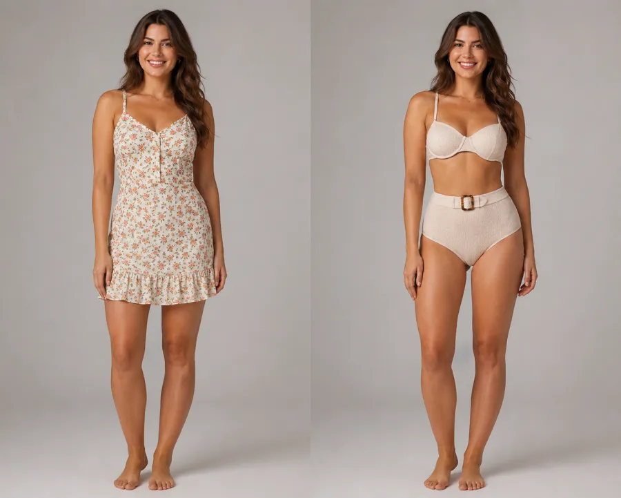 Before and after: left, a woman in a summer dress; right, the same woman in a high-waisted bikini, same pose, plain studio background