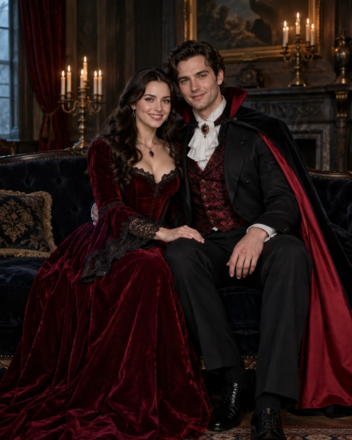 Adult couple in matching original vampire costumes on a velvet sofa in a candle-lit manor