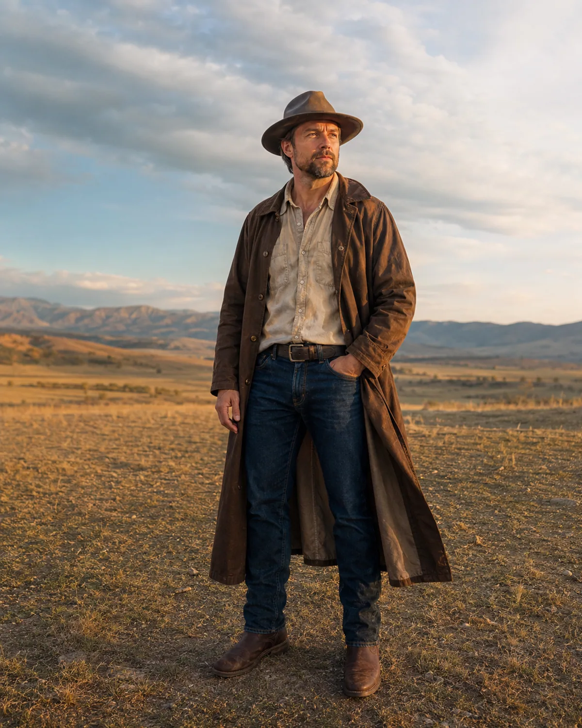 Adult wearing an original western duster outfit in natural light