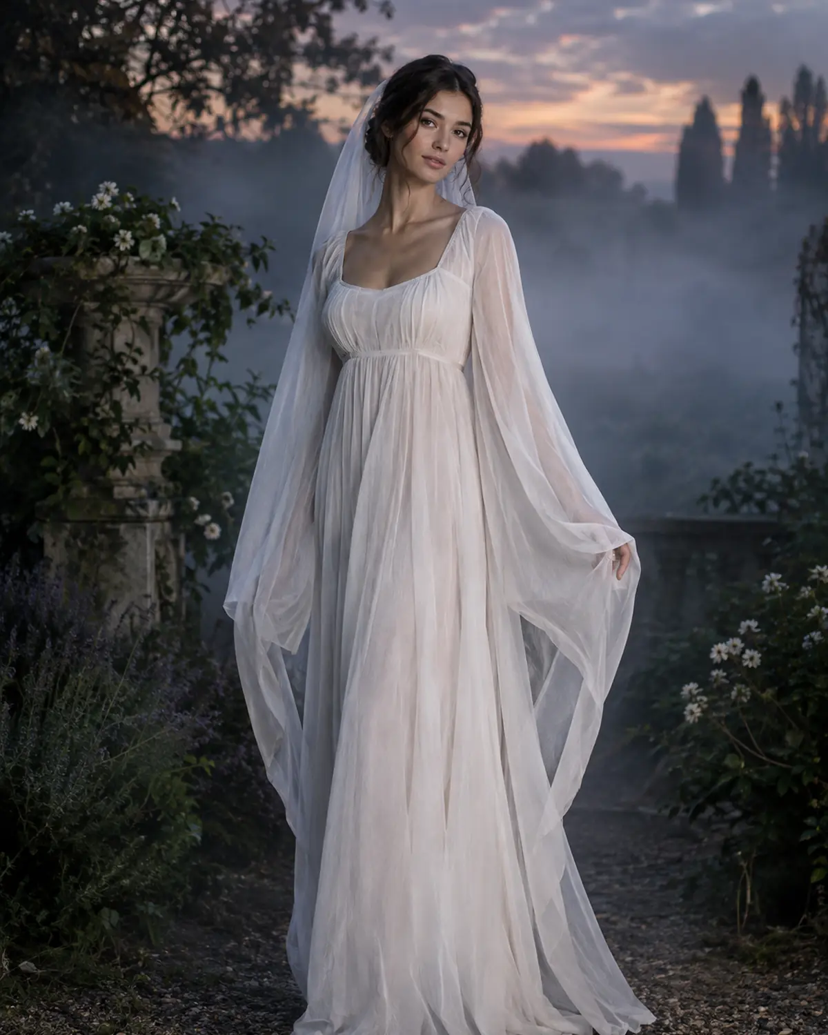 Adult woman in an original white chiffon ghost dress in a misty garden