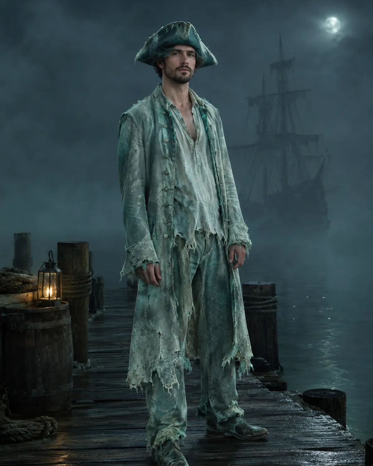 Adult man in an original pale sea-ghost costume on a foggy dock at night