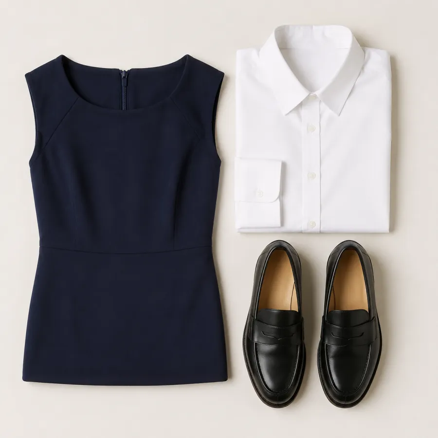 A flat lay of a dress, collared shirt, and shoes to wear under a graduation gown
