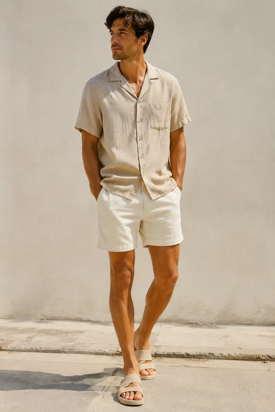 A man in his late twenties wearing a relaxed beige linen short-sleeve shirt and cream cotton shorts, standing on a sunlit city street in bright daylight, full body
