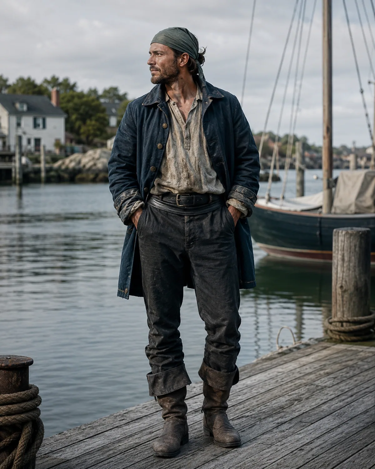 Adult in an original coastal deckhand outfit at a harbor