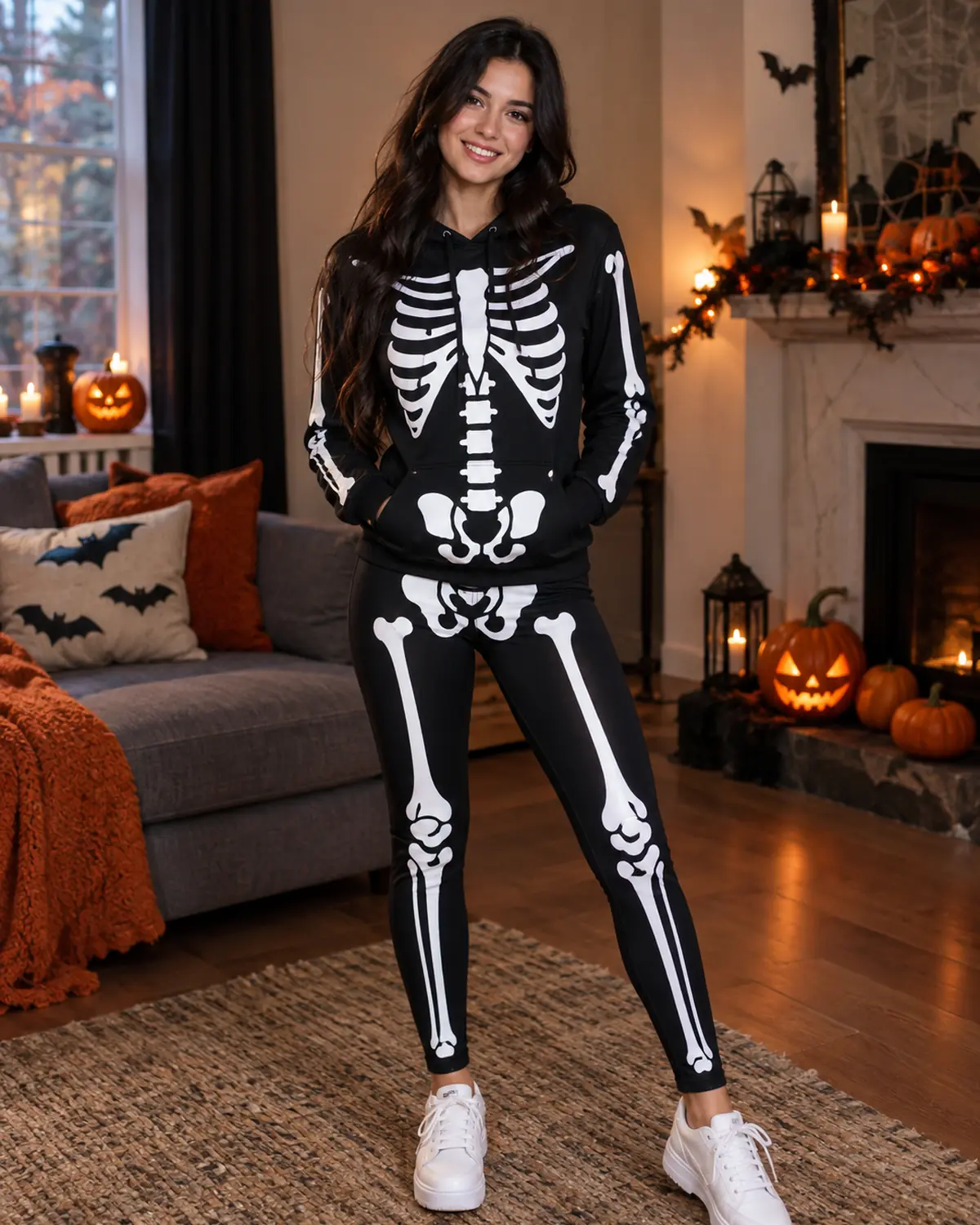 Adult woman in an original casual skeleton hoodie and leggings at home